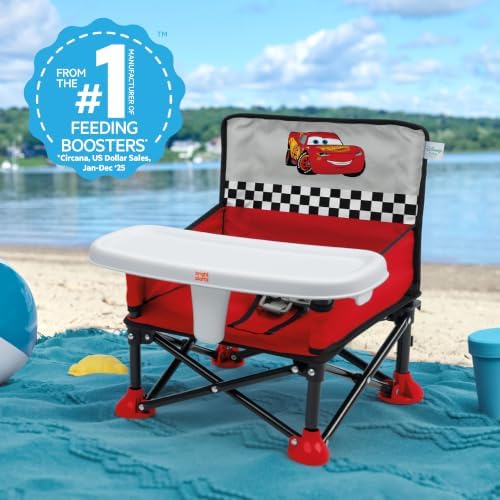 Disney Pixar Cars Pop 'N Sit Portable Booster by Bright Starts, Indoor/Outdoor Use, Floor Seat with Feeding Tray, Red, Unisex, 6 Months - 3 Yrs