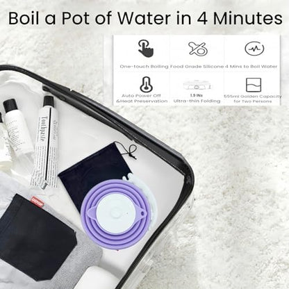Collapsible Travel Kettle, Portable Electric Kettle, Travel Tea Kettle, Portable Water Boiler, Food Grade Silicone, Auto Shut off and Keep Warm, 110V 555ml (Purple)