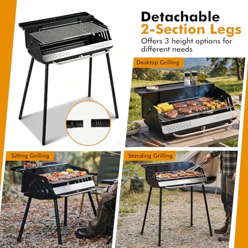 Happygrill Portable Charcoal Grill with Detachable Legs & Adjustable Grate