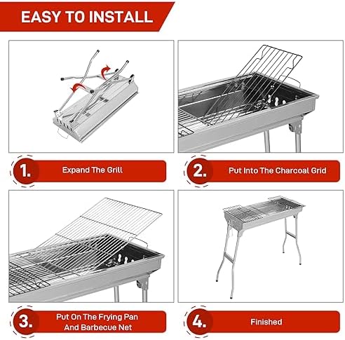 Stainless Steel BBQ Charcoal Grill, 28x 13 x 27" Portable & lFoldable Barbecue Grill, Outdoor Patio Garden Heating Smoker for Cooking Camping Hiking Picnic Garden Beach Party