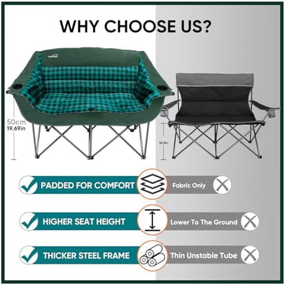 Colorsoul Double Folding Camping Chair,Fully Padded Loveseat Camping Couch,Oversized 2 Person Lawn Chair w/Cup Holder,Wine Glass Holder,Mesh Storage for Patio Picnic Beach,Support 600lbs,Green Plaid