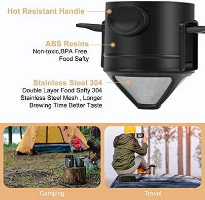 Pour Over Coffee Maker,Portable Stainless Steel Reusable Coffee Filter, Mini Collapsible Paperless Single Serve 1 Cup Coffee Dripper Cup Easy To Clean For Travel Camping