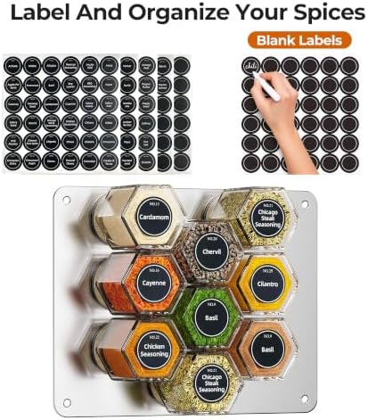 Vetacsion Set of 18 Magnetic Glass Spice Tins with 100 Preprinted Seasoning Label Stickers (Include Black Metal Wall-Plates)