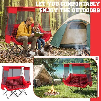 Teenyyou Double Camping Chair with Canopy 660lbs Heavy Duty, Red Plaid