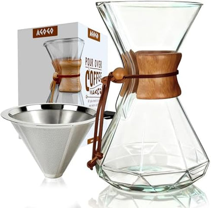 AGOGO Pour Over Coffee Maker Set, 34oz Diamond Style, 304 Stainless Filter