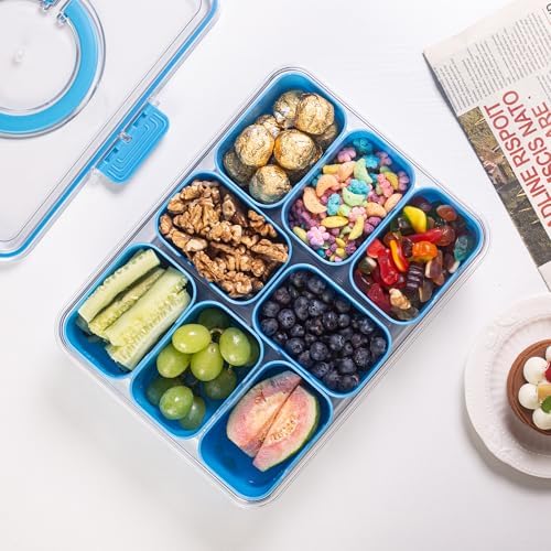 Divided Serving Tray with Lid and Handle - Snackle Box Charcuterie Container for Portable Snack Platters Organizer for Candy, Fruits, Nuts, Snacks - Perfect for Party, Entertaining, Cerulean