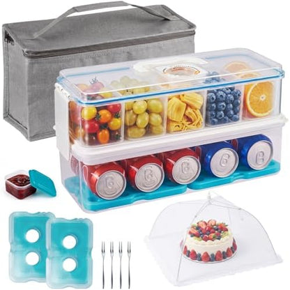 Snackle Box Container: Snack Organizer Divided Serving Tray with Ice-Pack, Portable Double-layer Tray Snackle Box for Food and Drink, Snack Platter for Travel Beach Picnic (White - 5 Tray)