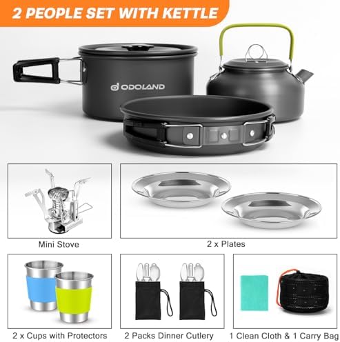 Odoland 16pcs Camping Cookware Mess Kit, with Folding Camping Stove