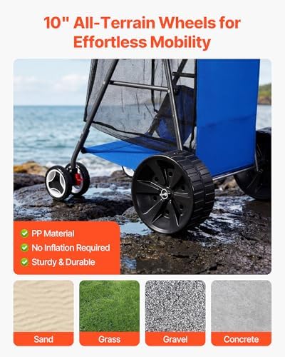 VEVOR Beach Cart, 165LBS Load Capacity, Portable Folding Beach Wagon Dolly with 10" Solid Wheel for Sand, Insulated Cooler Bag, Large Mesh Bag&Umbrella Holder for Outdoor Camping Fishing