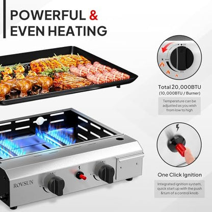 ROVSUN 2 Burner Portable Propane Griddle with Nonstick Enameled Tray, 20,000 BTU Tabletop Flat Top Gas Grill with Electronic Ignition & Regulator for Outdoor Cooking Camping BBQ Tailgating Picnicking
