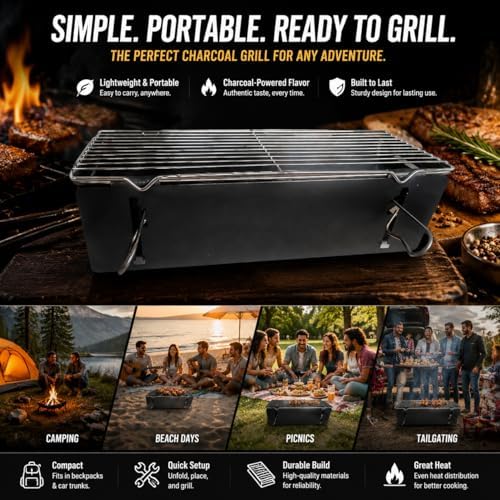 Foldable Portable Charcoal Grill, 1-Minute Quick Setup Camping BBQ with Storage Bag, Lightweight Tabletop Grill for Picnic, Backyard, Beach and Travel
