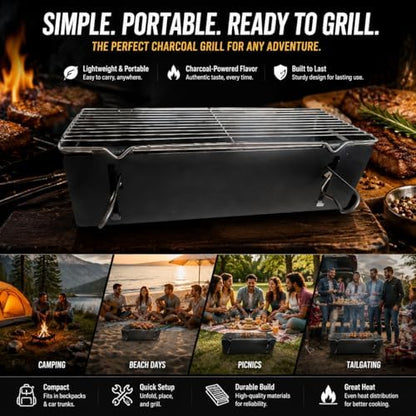 Foldable Portable Charcoal Grill, 1-Minute Quick Setup Camping BBQ with Storage Bag, Lightweight Tabletop Grill for Picnic, Backyard, Beach and Travel