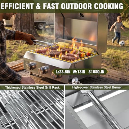 Bestfire 3-Burner Tabletop Gas Grill, Dual Connections, 30,000 BTU Portable Propane Grill, Knobs&Stainless Steel Grates, Compact & Detachable Legs for Camping, RV, BBQ