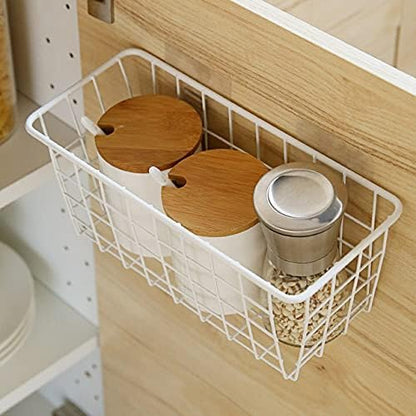 2 Set LeleCAT Hanging Wall Basket Organizer Over the Cabinet Door Adhesive Wire Baskets for Organizing Kitchen Food Pantry Bathroom Shelf Storage No Drilling Wall Mounted,White
