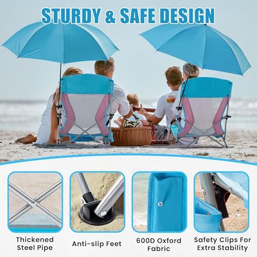 Lamberia Folding Beach Chair with Umbrella for Adults, Portable Low Beach Chairs with 300lbs Capacity, Lightweight Fodable Camping Chair for Travel, Picnic, Concert & Outdoor Activities, Blue-Pink