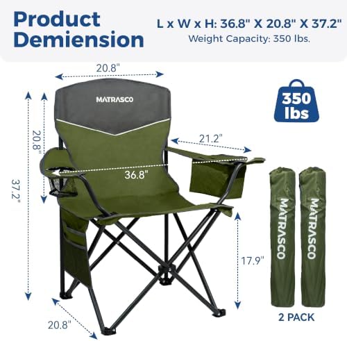 Outdoor Folding Camping Chairs 2 Pack, 350 lbs Capacity, Green
