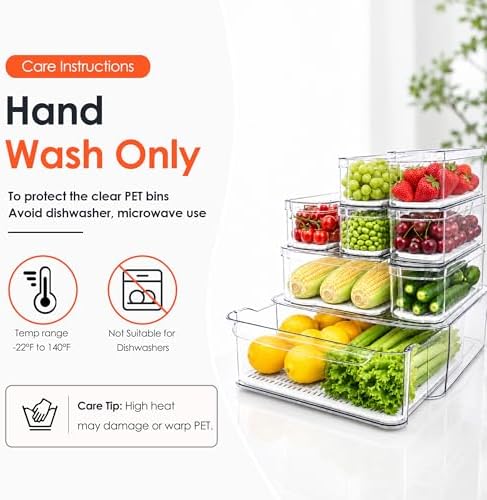 SMRCAD Clear Fridge Bins with Drain Trays - BPA-Free PET, Stackable (8)