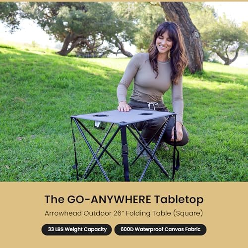 ARROWHEAD OUTDOOR 26” (66cm) Portable Camping Folding Table, 2 Cup Holders, Square, Carrying Case, Steel Frame, High-Grade 600D Canvas