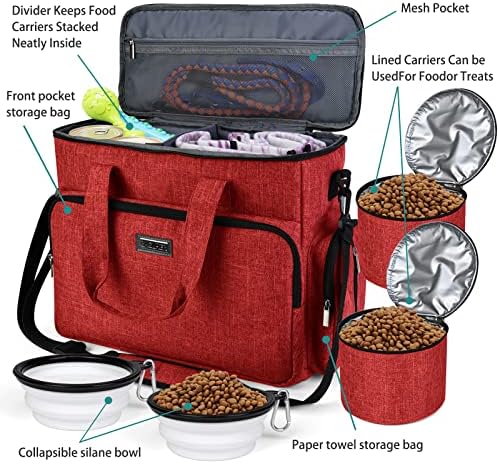 BAGLHER Dog Travel Bag, Pet Travel Bag (ALL Pet Travel Supplies), With 2 Pet Food Containers and 2 Collapsible Silicone Bowls; Essential Kits for Pet Travel Red