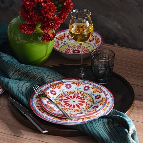 Premium Melamine Dinnerware Sets for 4, 12-Piece Plates and Bowls Sets, Red
