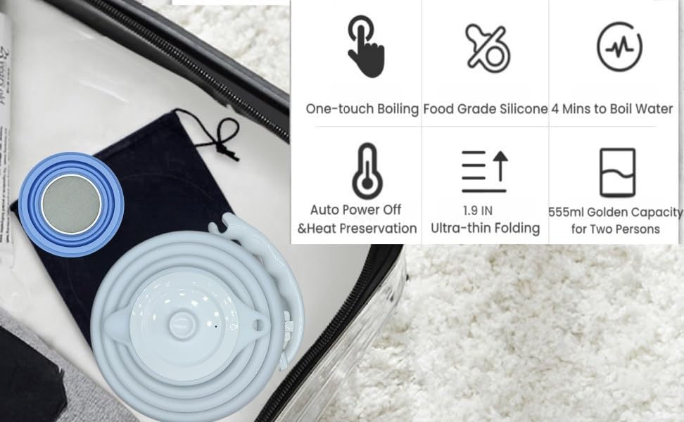 Travel Kettle Electric Collapsible, Portable Electric Kettle Silicone + Paperless Collapsible Coffee Dripper, Travel Pour Over Coffee Maker Single Cup, White