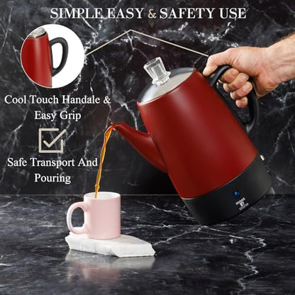 Moss & Stone 10 Cup Red Electric Percolator Coffee Pot, Stainless Steel