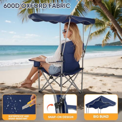 Northroad Folding Camping Chairs with Canopy Shade, Beach Chair w/Cup Holders, Armrests & Carry Bag for Outdoors Travel Sports Fishing,Dark Blue