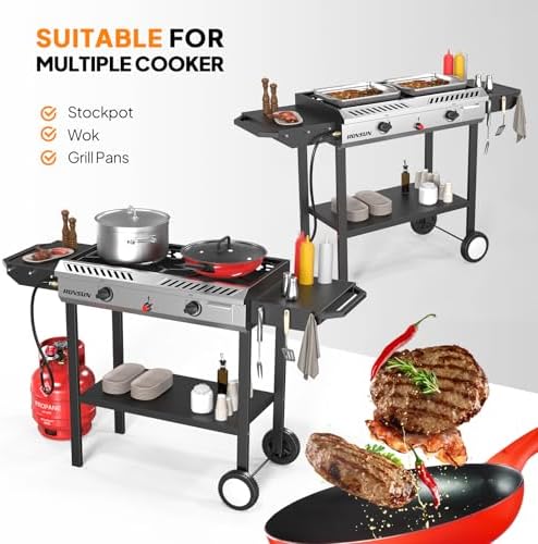 ROVSUN 2 Burner Outdoor Propane Gas Stove with Auto-ignition, Regulator & Shelf, 150,000 BTU Powerful Stand Cooker for Backyard Patio Cooking Home Brewing Canning Turkey Frying