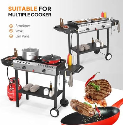 ROVSUN 2 Burner Outdoor Propane Gas Stove with Auto-ignition, Regulator & Shelf, 150,000 BTU Powerful Stand Cooker for Backyard Patio Cooking Home Brewing Canning Turkey Frying