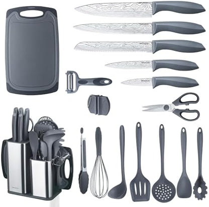 RAXCO Kitchen Set,18-Piece Cooking Utensils and Kitchen Knife Set,Gray