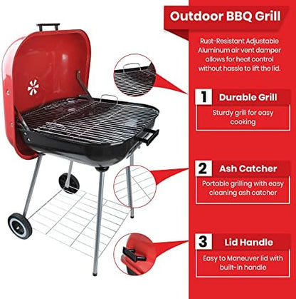 Alpine Cuisine 22x25 Inch Portable Charcoal BBQ Grill with Wheels, Heavy-Duty Outdoor Grilling for Patio, Tailgating & Camping - Red