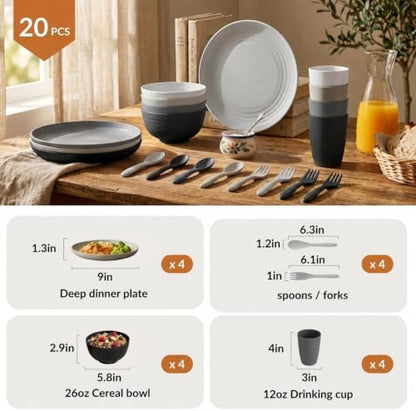 Homienly Wheat Straw Dinnerware Sets 20 PCS Unbreakable Plates and Bowls Set Microwave & Dishwasher Safe Dishes Set for 4 Kitchen Plate Set Party, Camping, RV, Picnic, Apartment-Black Grey