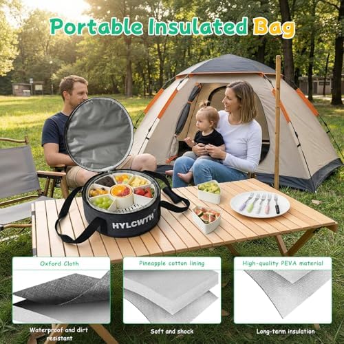 Divided Serving Tray with Lid and Handle, Rounded Snackle Box with 9 Compartments and Chill Base for Fruits, Candy, Veggie, Travel Snack Container with Portable Insulated Bag & Ice Cube Tray & 5 Forks