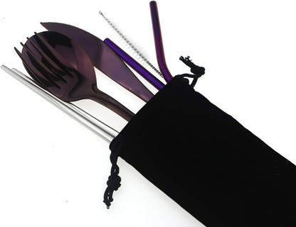 7 Pcs Portable Flatware Set, 304 Stainless Steel Cutlery Set Travel Utensils Set with Fork Spoon Chopsticks Straws for Travel Camping Office School, Dishwasher Safe & Eco-Friendly (Purple)
