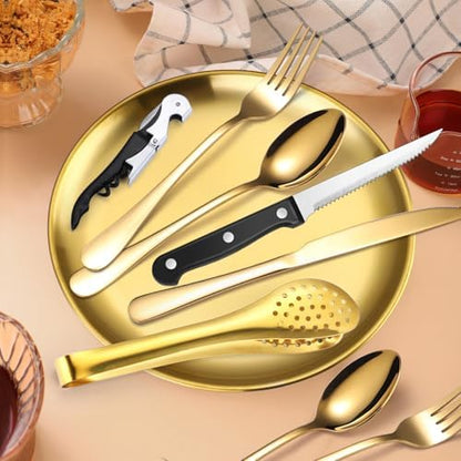 Camping Silverware Kit Cutlery Organizer Utensil Picnic Set Stainless Steel Plate Spoon Clip and Serrated Knife Wine Opener Fork Napkin Hiking - Camp Kitchen BBQ’s