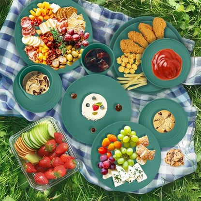 Wrova 40Pack plates and bowls sets for kids - Unbreakable wheat straw dinnerware sets service for 8 - Alternative plastic 40pcs dish sets for kitchen, camping and indoors dinning - (Green)