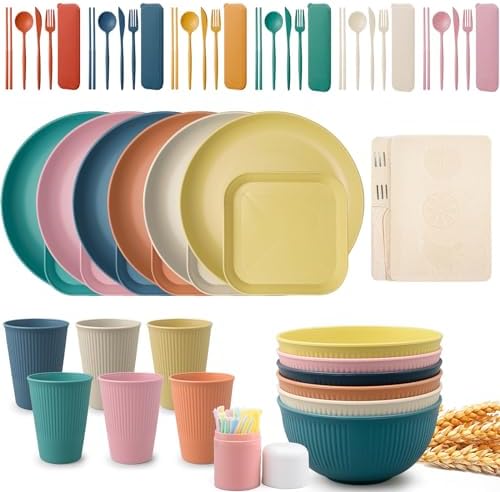 48 Pcs Wheat Straw Dinnerware Sets for 6,Unbreakable Plates and Bowls Set