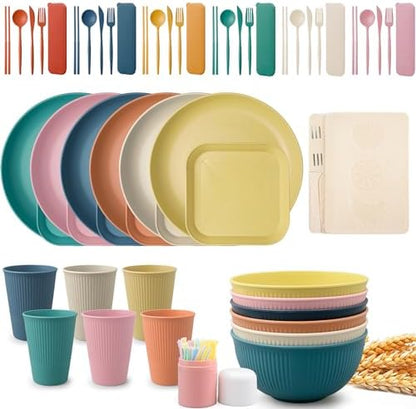 48 Pcs Wheat Straw Dinnerware Sets for 6,Unbreakable Plates and Bowls Set