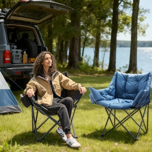 Portal Oversized Padded Camping Chair 2 Pack,350 lbs Folding Chairs Outdoor,Blue