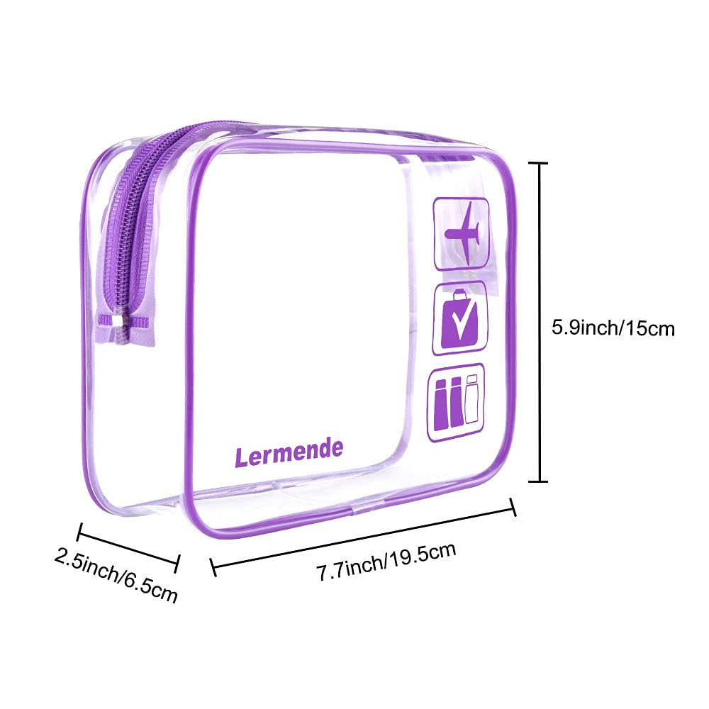 Lermende 2pcs Clear Toiletry Bag TSA Approved Travel Bag,Carry On for Travel,Airport Airline Accessories Compliant Bag,Quart Sized Makeup Cosmetic bag Women Men (Purple, 3 Pack)