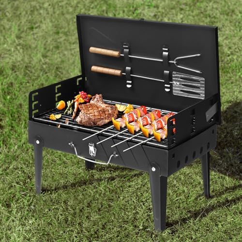 17" Portable Folding Charcoal Grill,Tabletop Outdoor Barbecue Smoker,Heavy Duty Outdoor BBQ Grill,Portable Vertical Camping Barbecue Grill,with Lid,for Garden Patio Beach Backyard (Black)