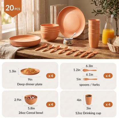 Wheat Straw Dinnerware Sets, Homienly 20pcs Unbreakable Microwave Dishwasher Safe Tableware Lightweight Bowls, Cups, Plates Set Reusable Dinner Plates Bowls set (Orange)