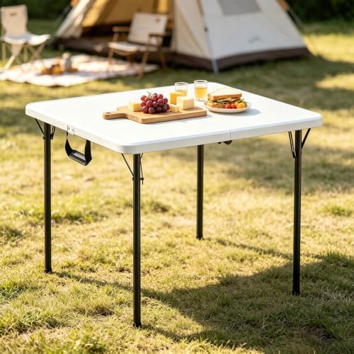 Folding Table, 36in Folding Table Portable with Built-in Handle, Plastic Table with Heavy Duty Steel Legs Supports to 300lbs, Suitable for Party, Camping, Events Indoor&Outdoor Use, White