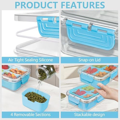 Small Snack Box Container, Divided Serving Tray with Lid, 4 Compartment Snack Box Container for Candy, Fruits, Charcuterie, Travel & Parties, BPA-Free, 2 Pack