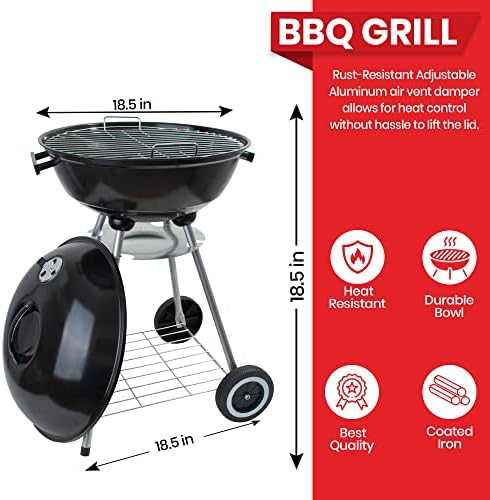 Alpine Cuisine Premium 22x33.9in Charcoal BBQ Grill Round for Outdoor Cooking, Barbecue Coal Kettle Bowl Grill Portable Heavy Duty Round with Legs Grilling for Tailgating Patio Backyard Camping,Black