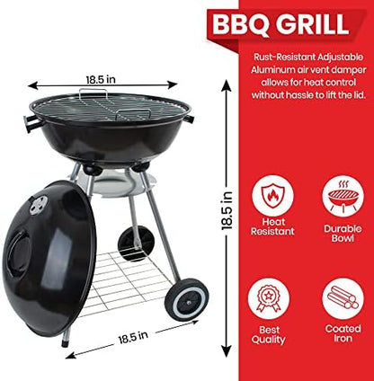Alpine Cuisine Premium 22x33.9in Charcoal BBQ Grill Round for Outdoor Cooking, Barbecue Coal Kettle Bowl Grill Portable Heavy Duty Round with Legs Grilling for Tailgating Patio Backyard Camping,Black