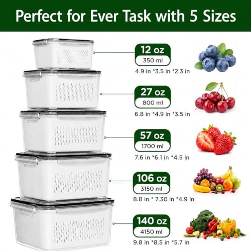 5 Pack Fruit Storage Containers for Fridge with Removable Colanders，5 in 1 Produce Storage Containers with Lids, Leakproof Fridge Organizer Bins for Salad Berry Lettuce Vegetables Meat Keeper Fresh