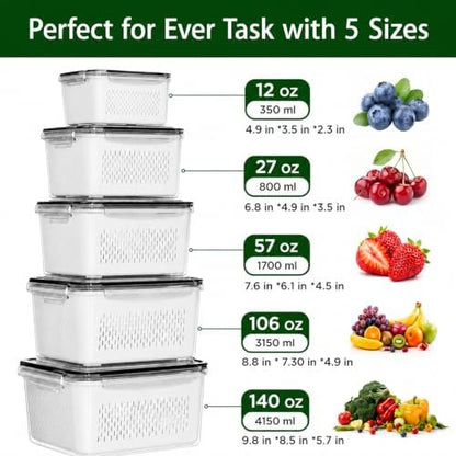 5 Pack Fruit Storage Containers for Fridge with Removable Colanders，5 in 1 Produce Storage Containers with Lids, Leakproof Fridge Organizer Bins for Salad Berry Lettuce Vegetables Meat Keeper Fresh