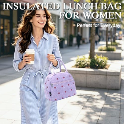 FlowFly Insulated Lunch Bag for Women – Corduroy Lunch Tote Box, Cute Cooler Bag for Work, Travel, Picnic,Corduroy Strawberries Purple