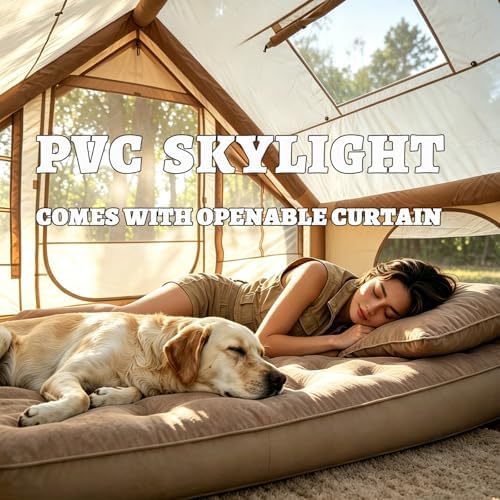 Inflatable Camping Tents with Hand Pump, Air Glamping Tents, Easy Setup Waterproof and Windproof Blow up Tent, 4 Seasons Oxford Cabin Tent with Mesh Window & Stove Jack.